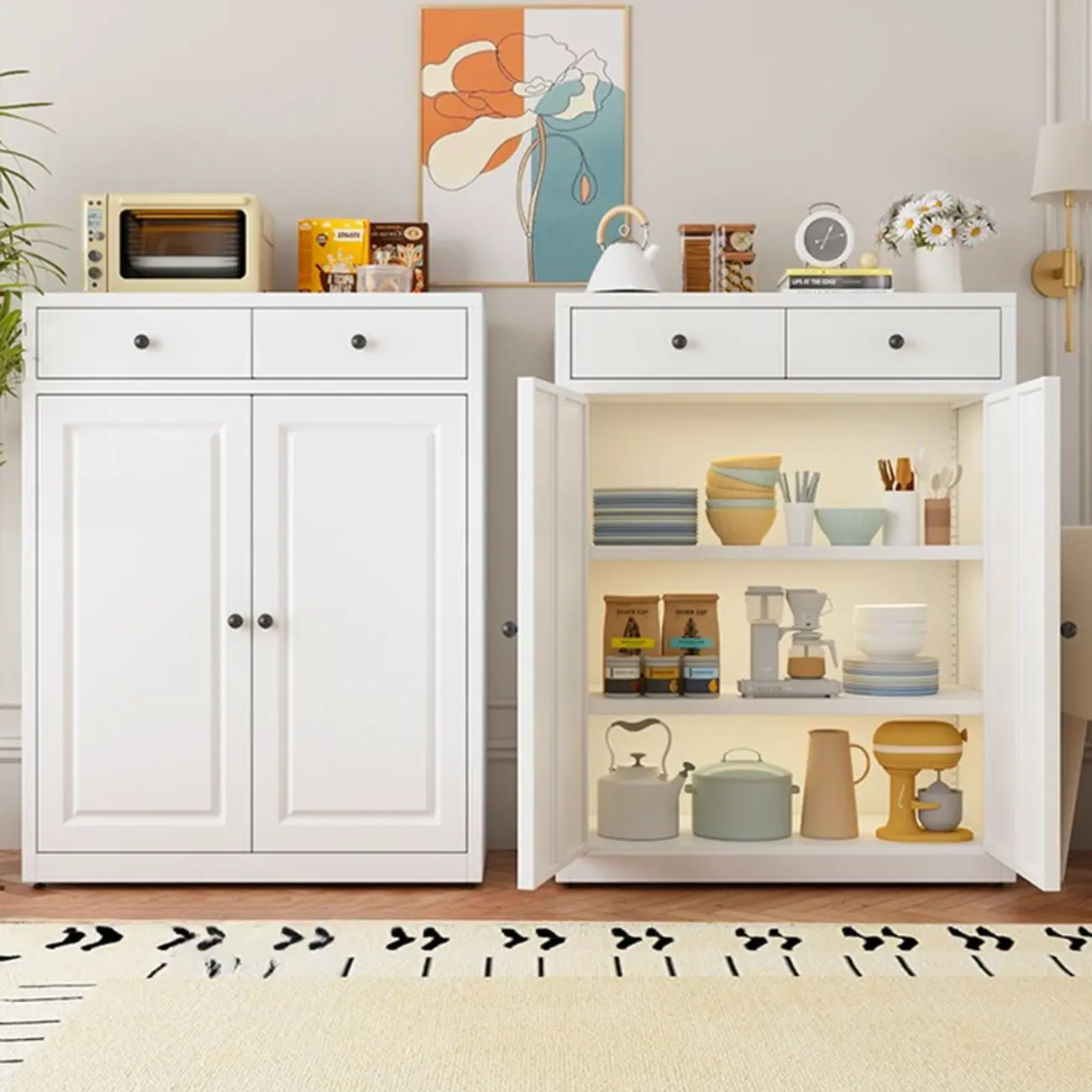 Narrow Metal White Buffet Cabinet with Drawer