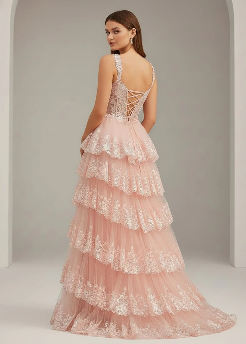 A-Line Lace Off-the-Shoulder Tiered Long Prom Dress with Slit