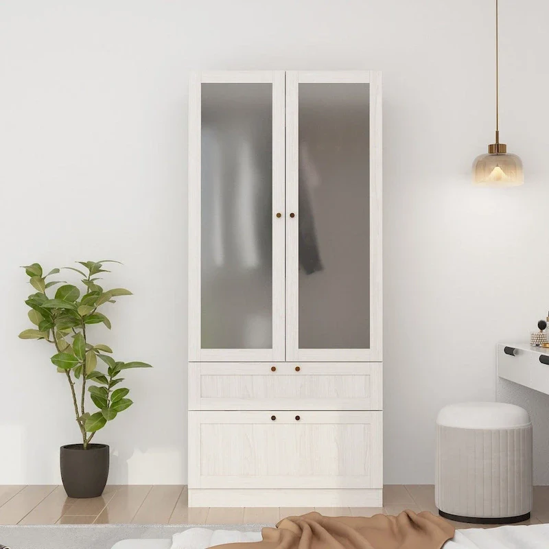 Large Frosted Glass Wardrobe with Soft-Close Hinges | MDF Construction | Light Gray Wood Grain | Gold Handles | Customizable Walk-In Closet