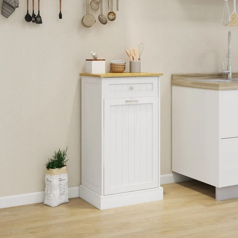 White/Black Tilt-Out Trash Cabinet with Drawer, Single Compartment