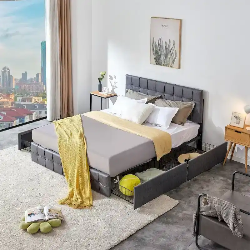 Full Size Platform Bed, Upholstered Headboard, 4 Storage Drawers, 12 Wood Slats, Grey / Beige, 2-Person Use