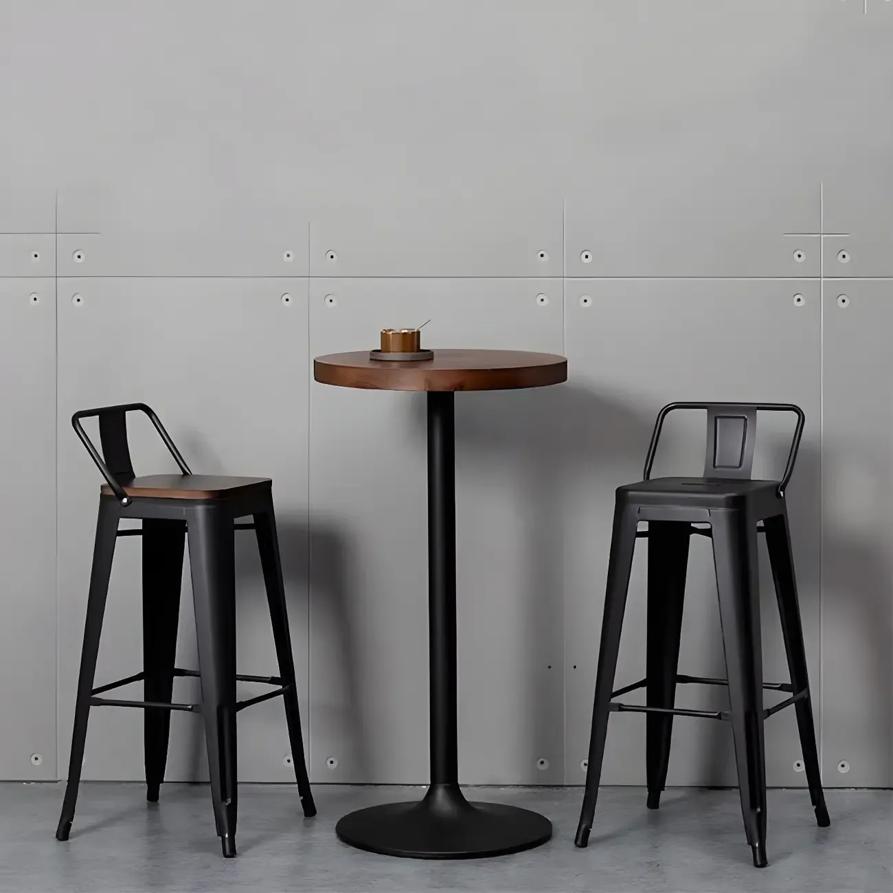 Industrial Brown Wooden Metal Pedestal Bar Tables