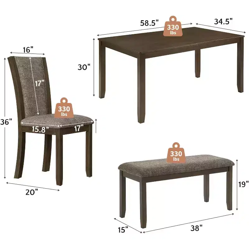 Zevemomo 6-Piece Solid Wood Dining Table Set for 6, Including 1 Dinner Table, 4 Upholstered Chairs and 1 Bench for Dining Room, Kitchen, Dark Walnut