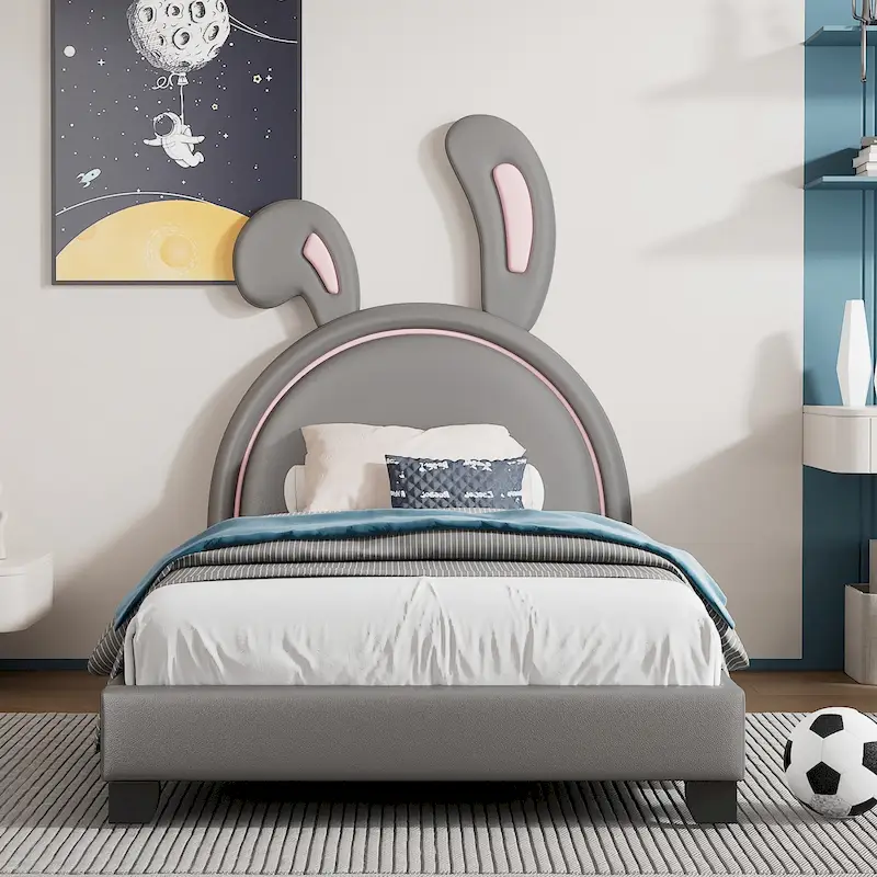 Twin Leather Platform Bed – Grey / White / Pink, for 2