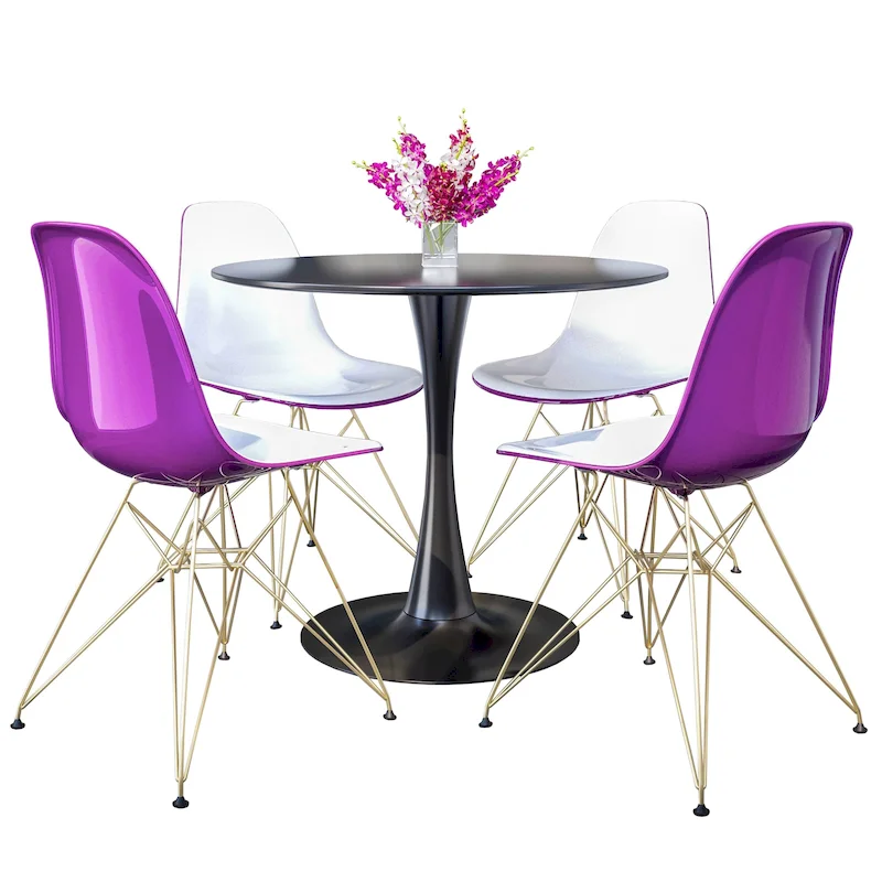 5-Piece Dining Set with 35 Round MDF Table and 4 ABS Plastic Side Chair with Gold Metal Legs