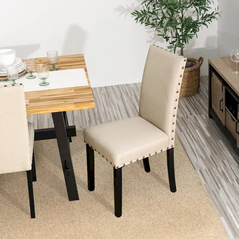 High Back Linen Fabric Dining Chairs with Nailhead Trim – Grey / Cream White / Tan