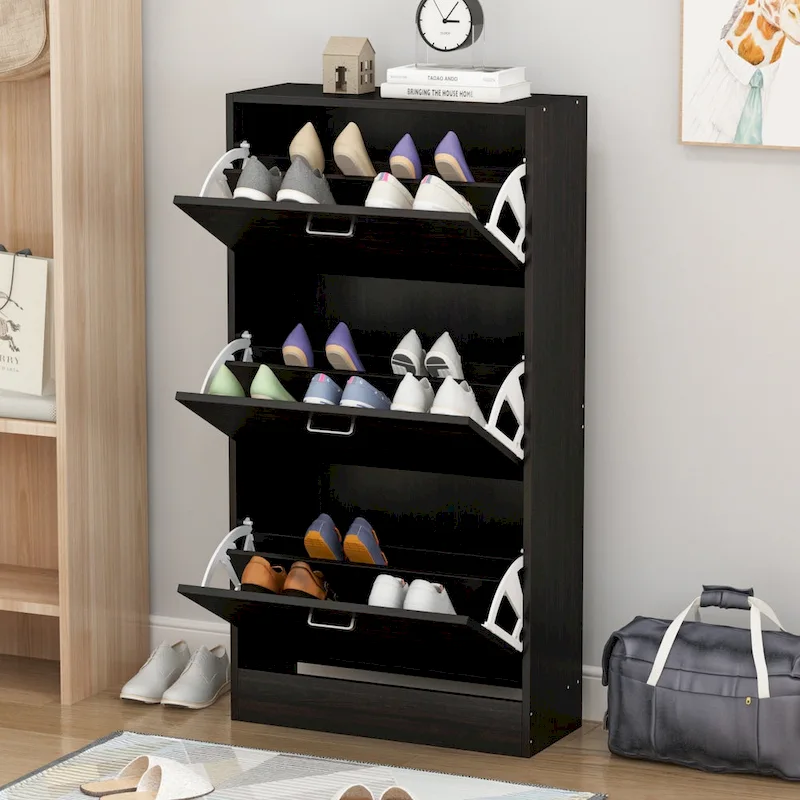 White / Black MDF Shoe Cabinet with 3 Fold-Out Drawers