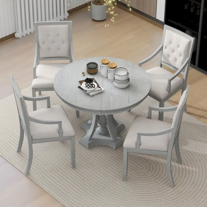 Retro 5-piece Dining Set with Extendable Round Table and 4 Chairs