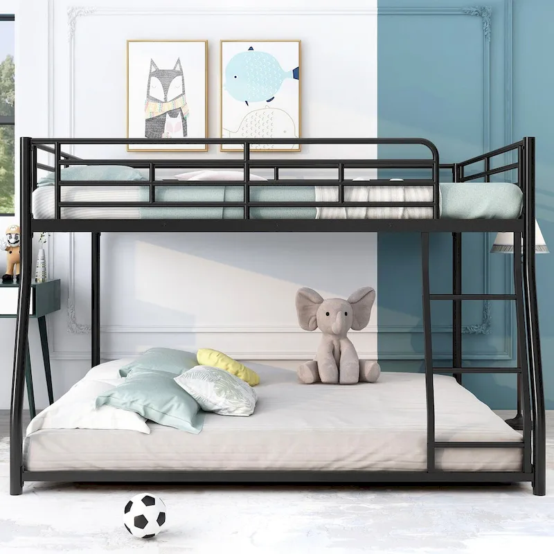 Black Metal Floor Bunk Bed, Twin XL/Full over Queen, Sleeps 2