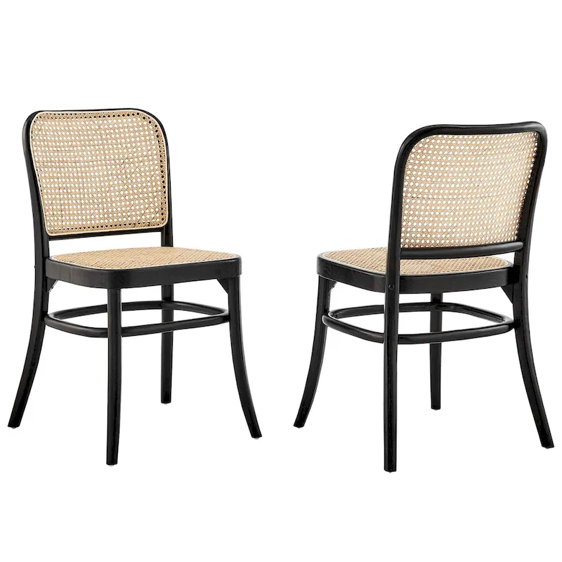 Wood Dining Side Chair Set of 2 with Rattan Cane Back