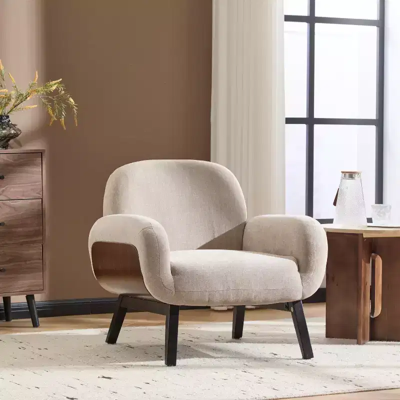 ModernLuxe Accent Chair, Cozy Upholstered Armchair, Wooden Single Sofa Lounge Chair, Khaki