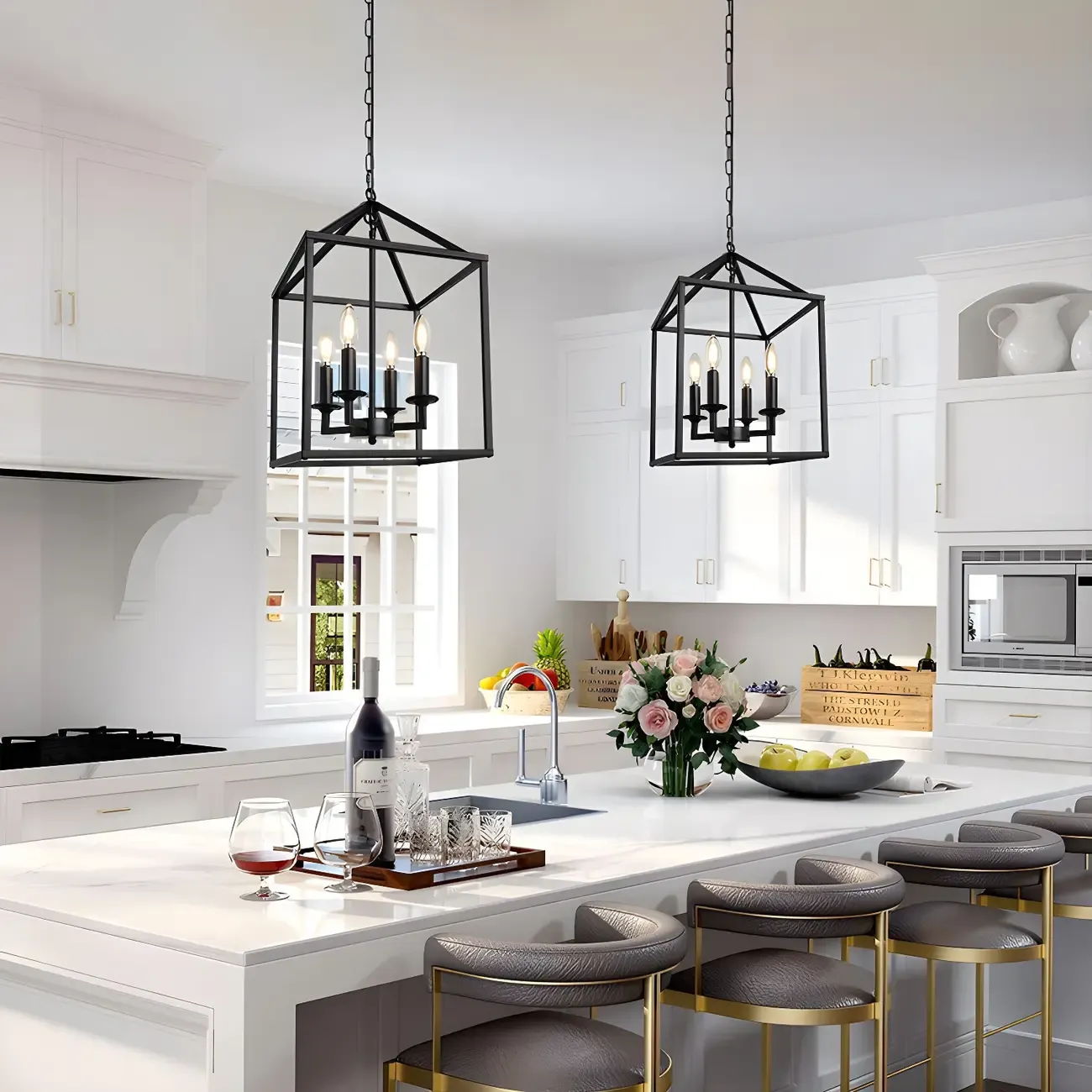 Industrial Black Metal Square Caged Kitchen Pendant Chandelier