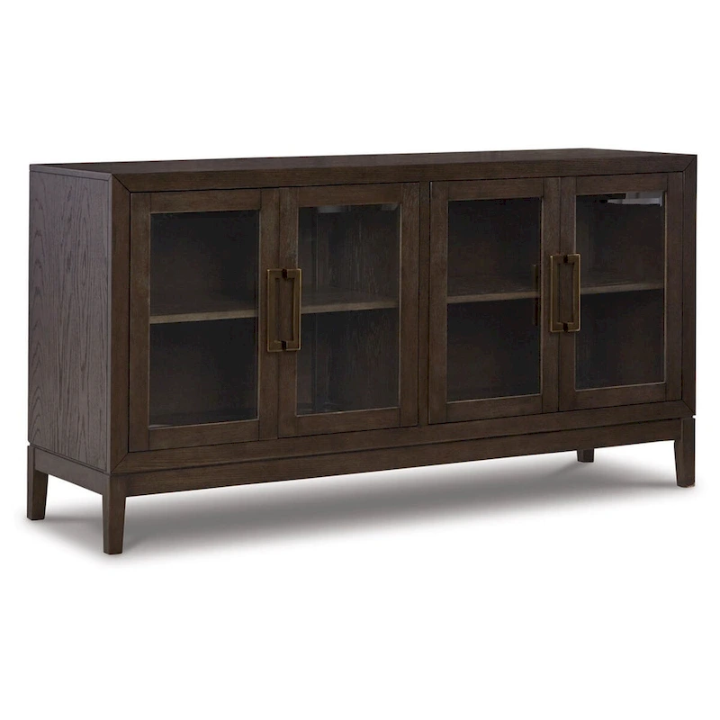 60 Inch Sideboard Display Server, 2 Glass Double Door Cabinets, Dark Brown