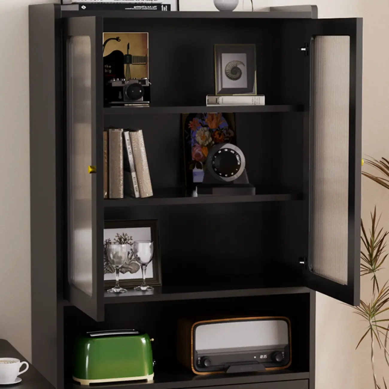 Modern Black Storage Cabinet with Exterior Shelf & Drawers