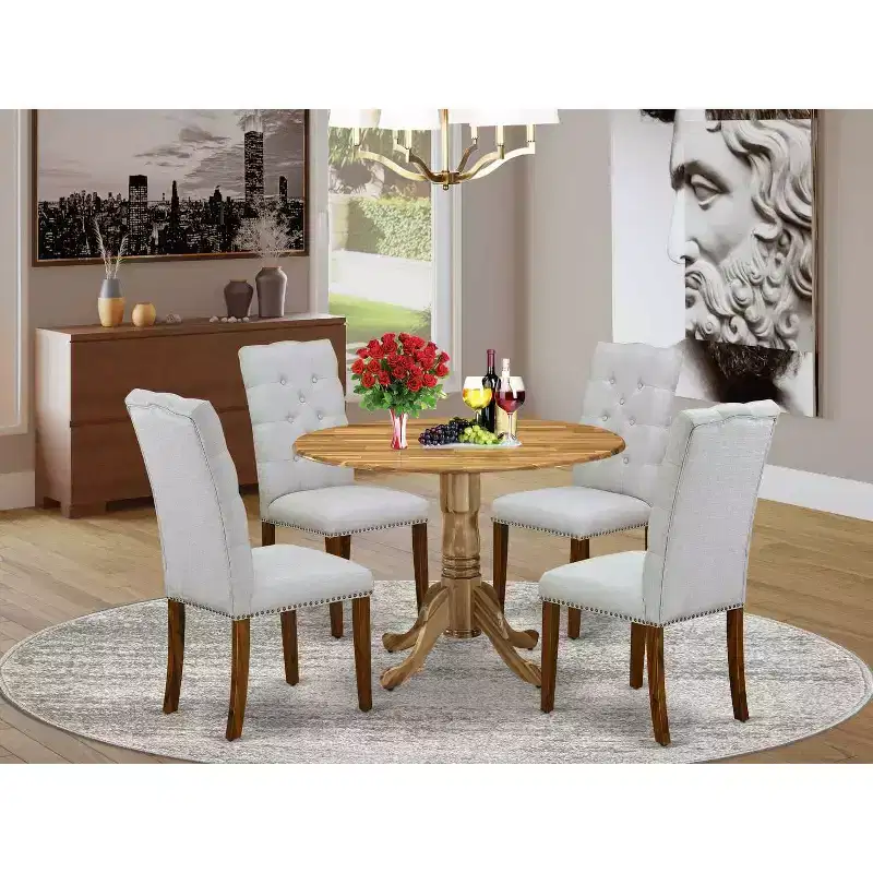 HomeStock 5-Piece Round Natural Oak Finish Solid Wood Top Dining Table with 4 Parson Chair