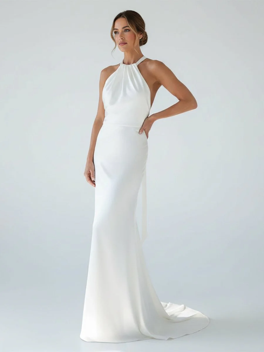 Sheath Satin Backless Halter Wedding Dress