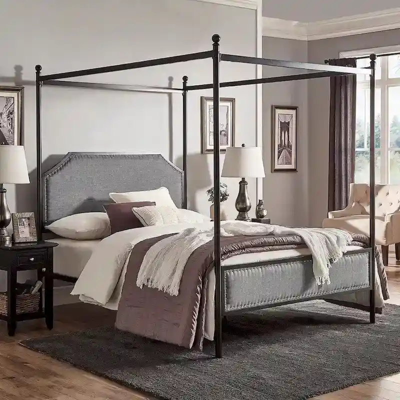 Grey & Black Metal Canopy Queen Bed – Linen Upholstered, Silver Nailhead Trim