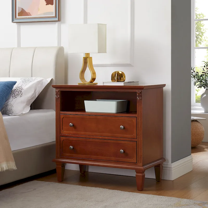 Walnut / White / Black Mid-Century Nightstand with 2 Drawers & Charging Station, 1-Person Use