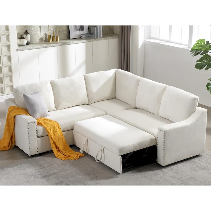 81.5 L-Shaped 5-Seat Sectional Sofa with Pull-Out Bed and 6 Cushions, Multifunctional Corner Couch for Living Area