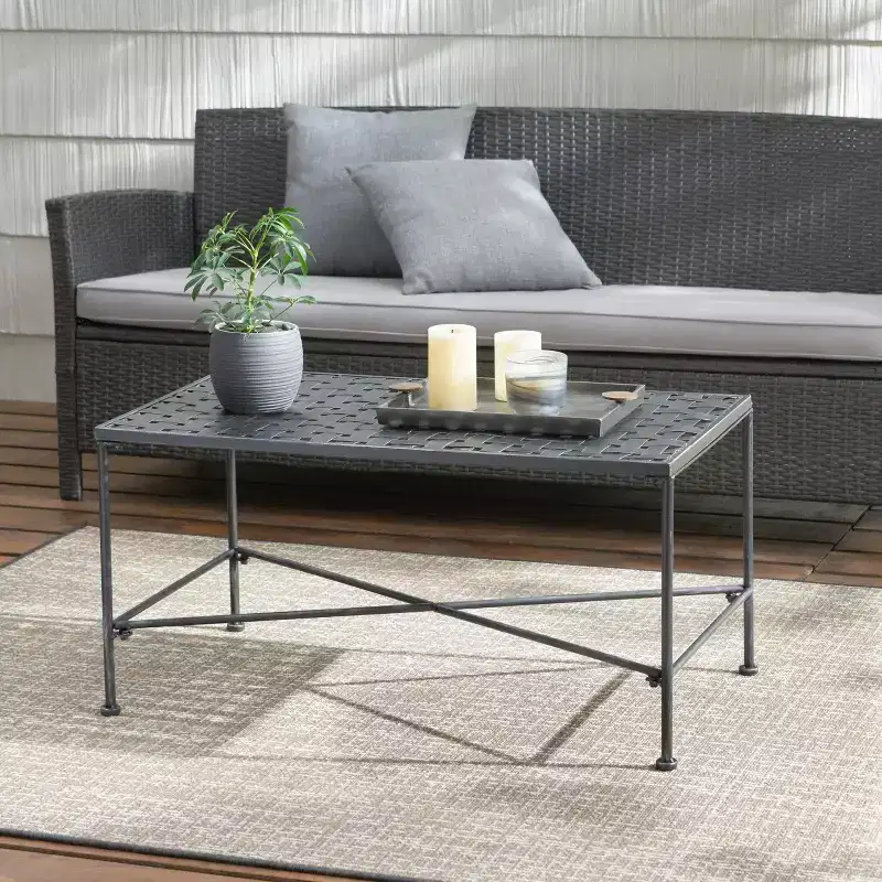 GDFStudio Lockett Stylish Outdoor Iron Coffee Table with Metal Weave Top, Black Brushed Silver