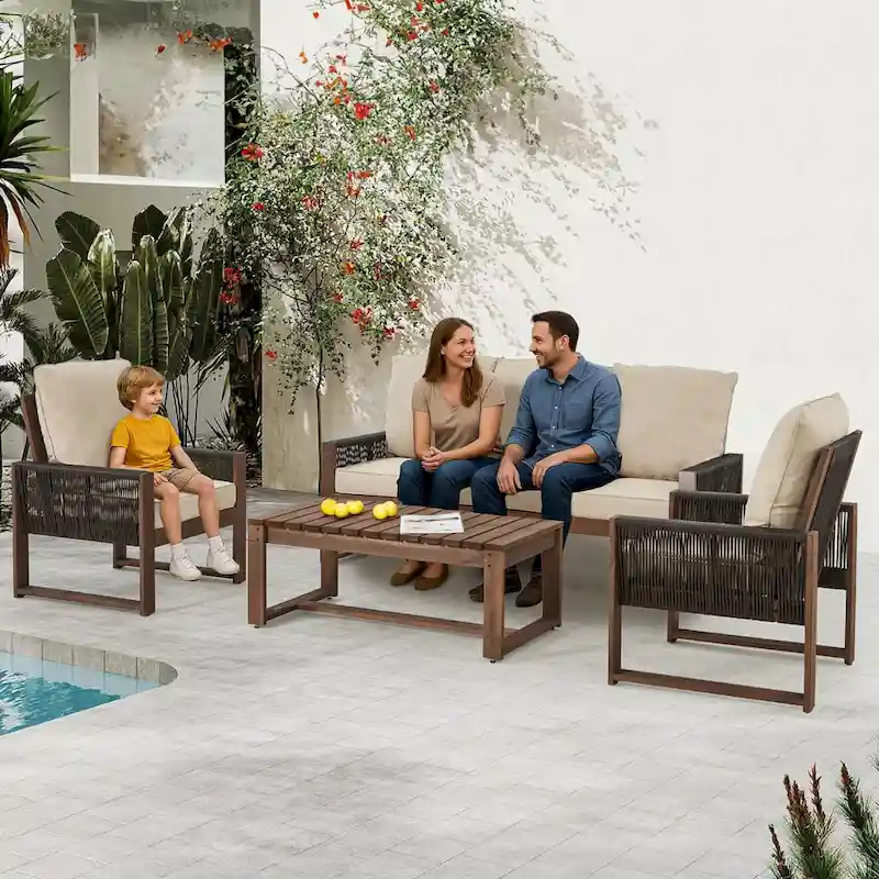 Outdoor 4-Piece Sofa Set with Coffee Table, PE Wicker & Cedar Wood Patio Furniture, Garden Conversation Set with Thick Cushions