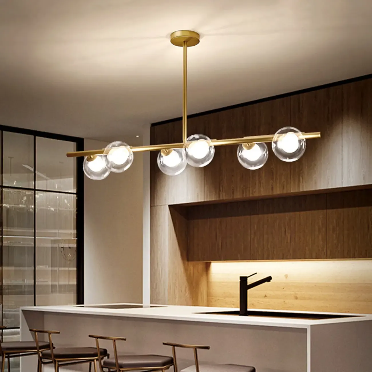 Gold Linear Island Light with 6 Lights Transparent Glass Globe Shades