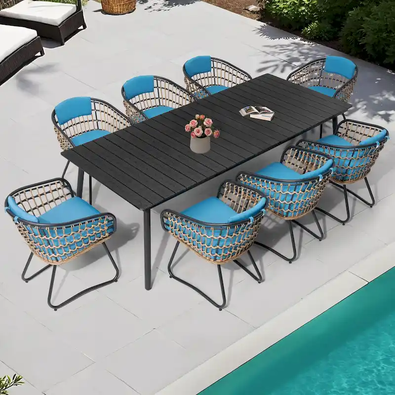 Outdoor 9PC- Patio Rectangular Aluminum Dining Table Set with Umbrella Hole with Rattan Chair