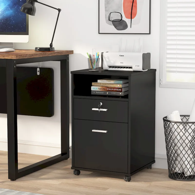Mobile File Cabinet with 2 Drawer and Lock, Printer Stand with Rolling Wheels