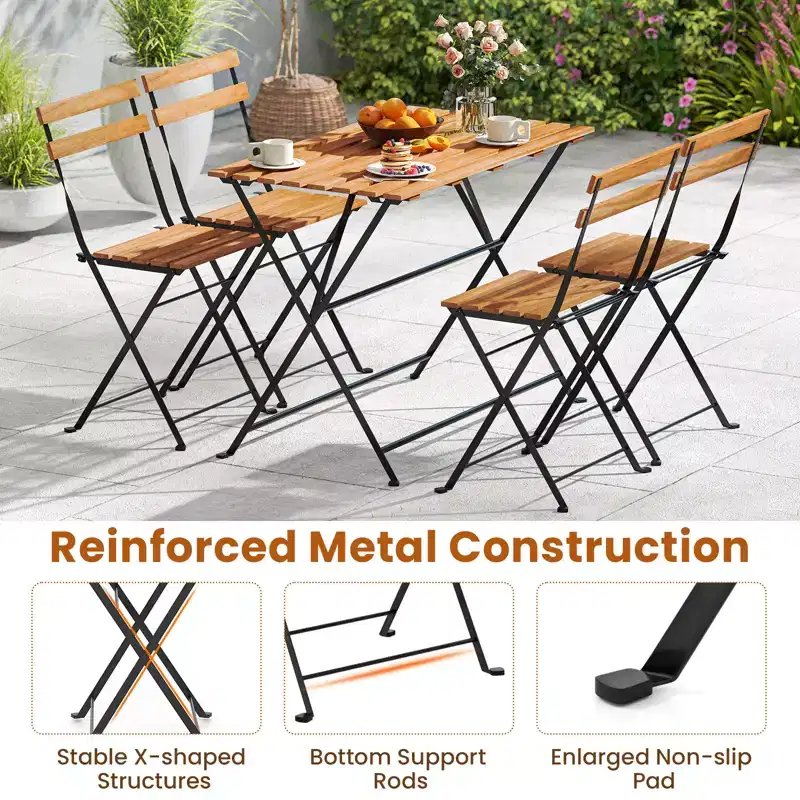 Costway 5 PCS Patio Acacia Wood Dining Set w/ 4 Folding Chairs Slatted Seat & Tabletop