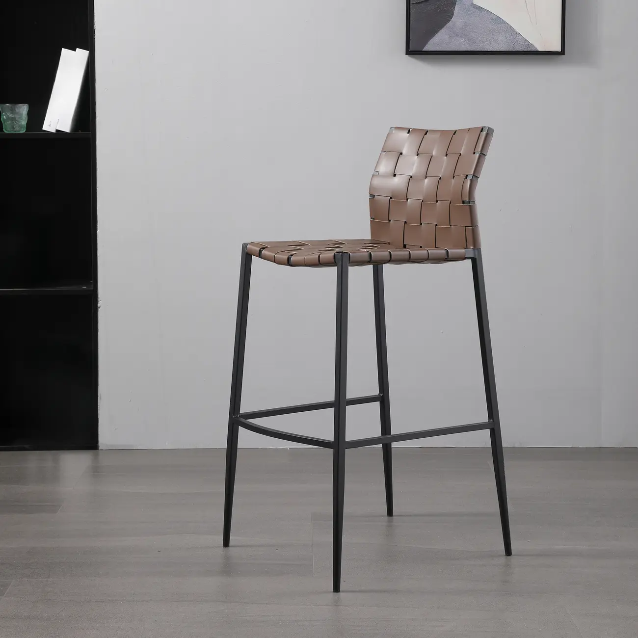 Modern Leather Seat Woven Textured Bar Stools with Back