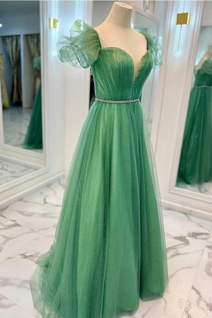 Sea Glass Tulle A-line V Neckline Off-Shoulder Long Prom Dress