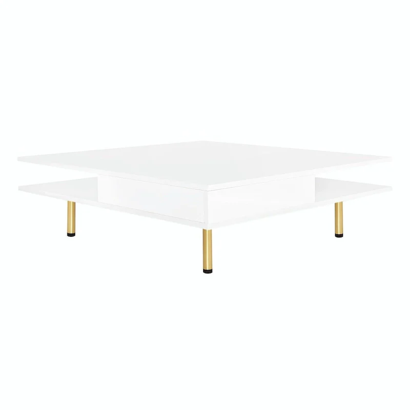 High Gloss Coffee Table: 4 Golden Legs, 2 Drawers, 2-Tier Square Design