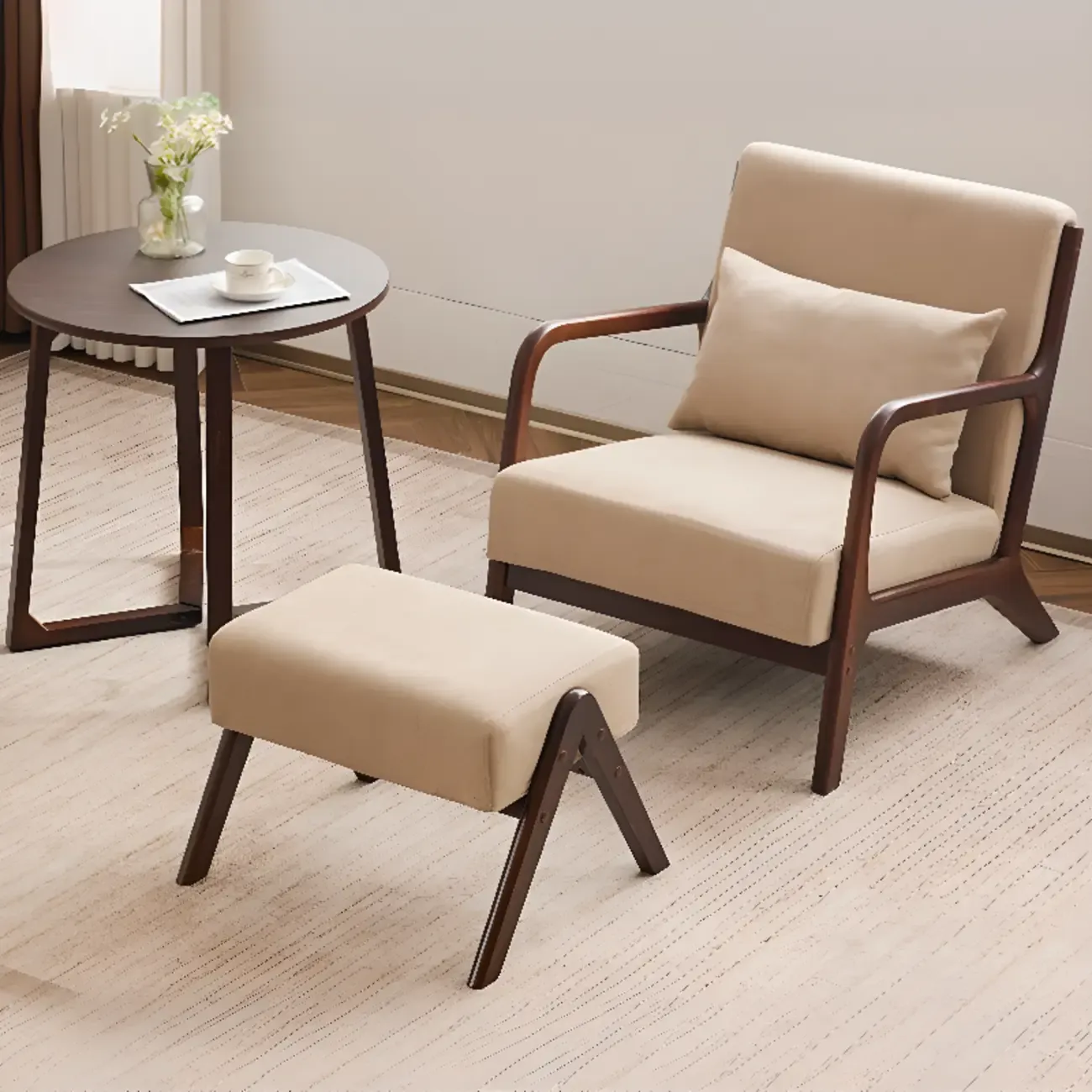 Beige Ottoman Cotton Linen Accent Arm Chair