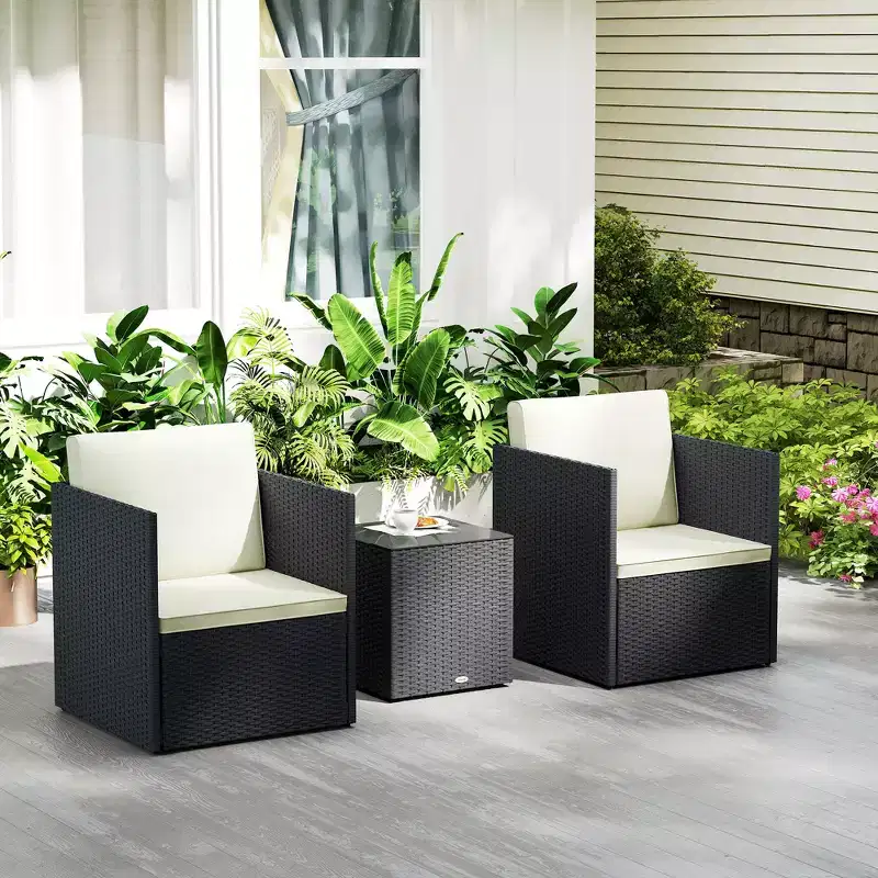 Outsunny 3 Piece Patio Furniture Set, Folding Outdoor Wicker Bistro Set with Cushions and Glass Coffee Table, Easy Assembly for Porch, Balcony, Black