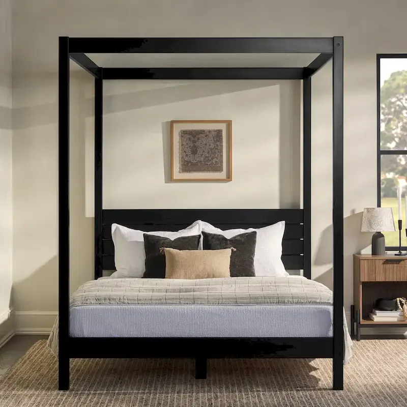 Black / Natural Pine Minimalist Canopy Queen Bed Frame, 2-Person