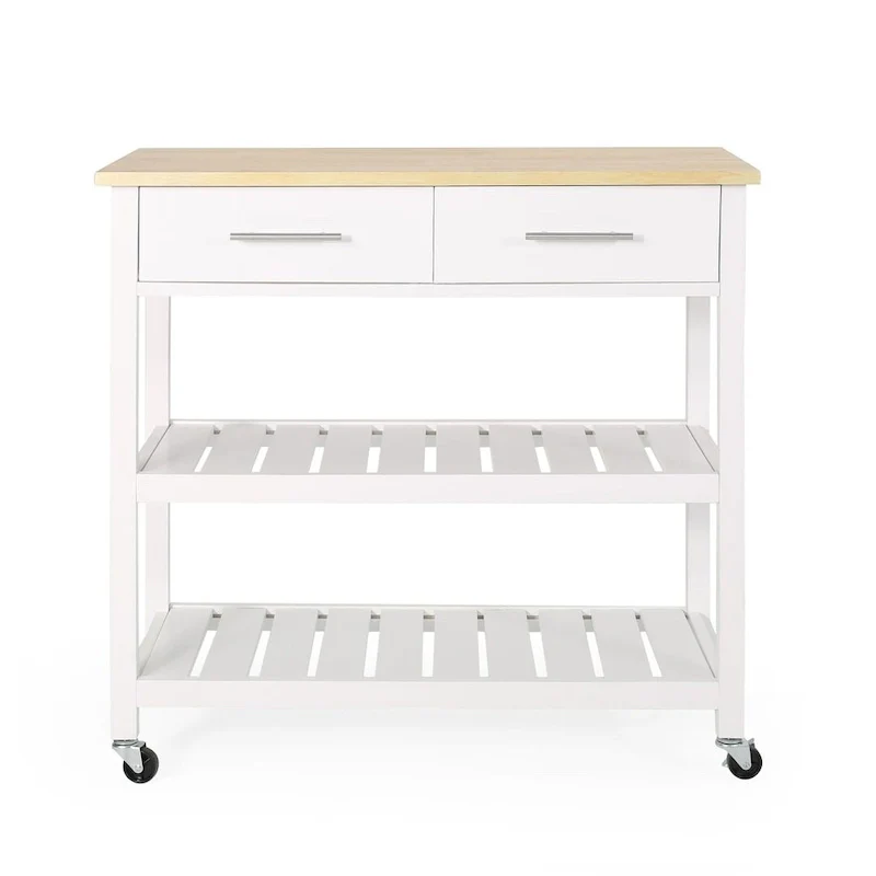 Modern White Wood Kitchen Cart with Wheels Drawers and Shelves by