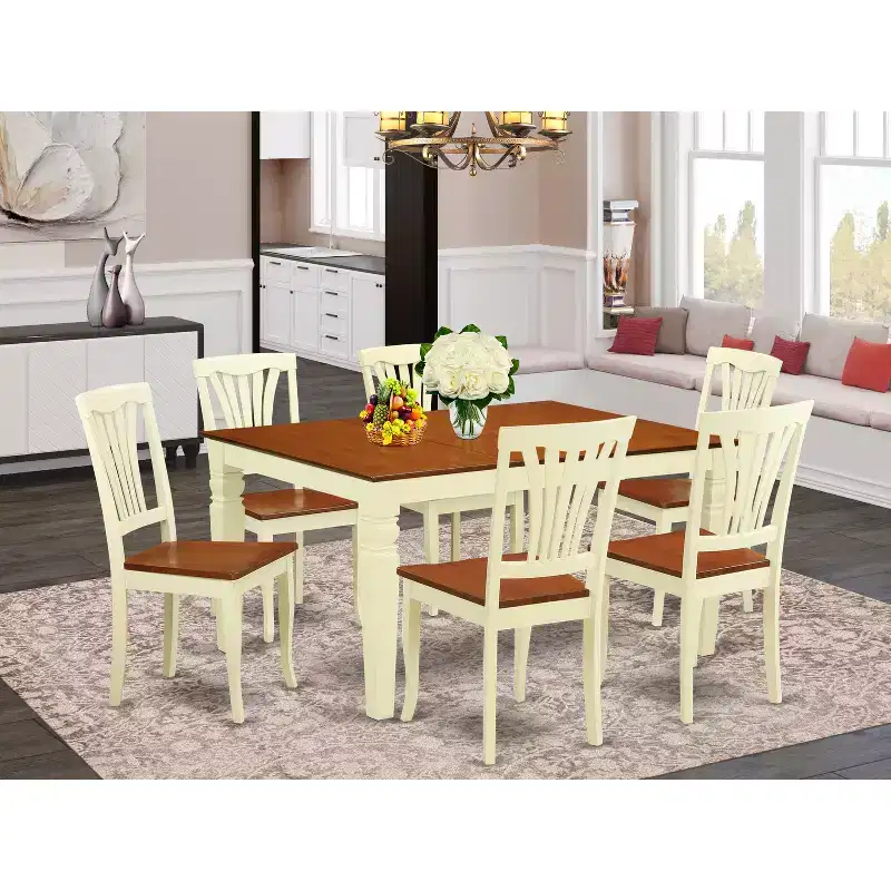 HomeStock 7-Piece Buttermilk and Cherry Finish Solid Wood Top Dining Table with 6 Chairs