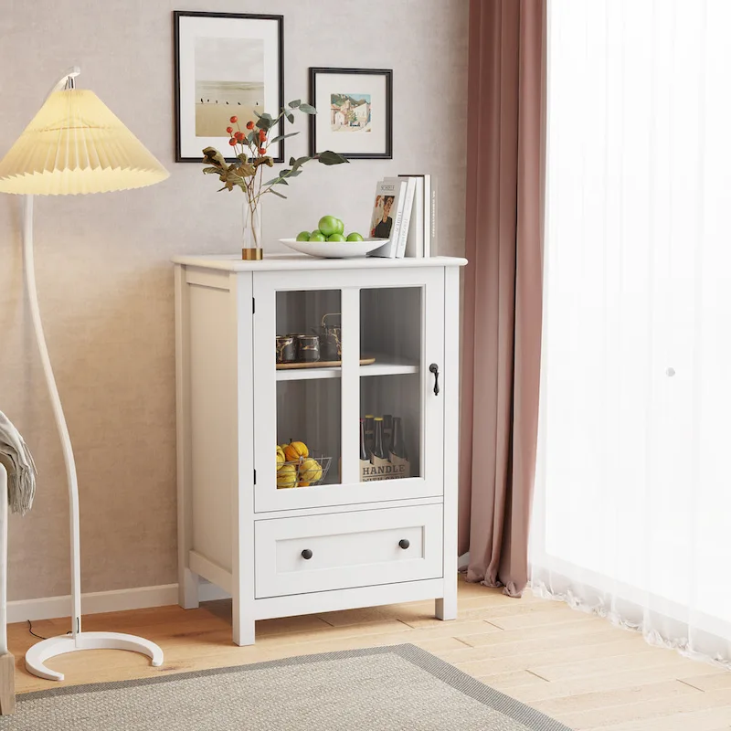 Buffet storage cabinet with glass doors and unique bell handle