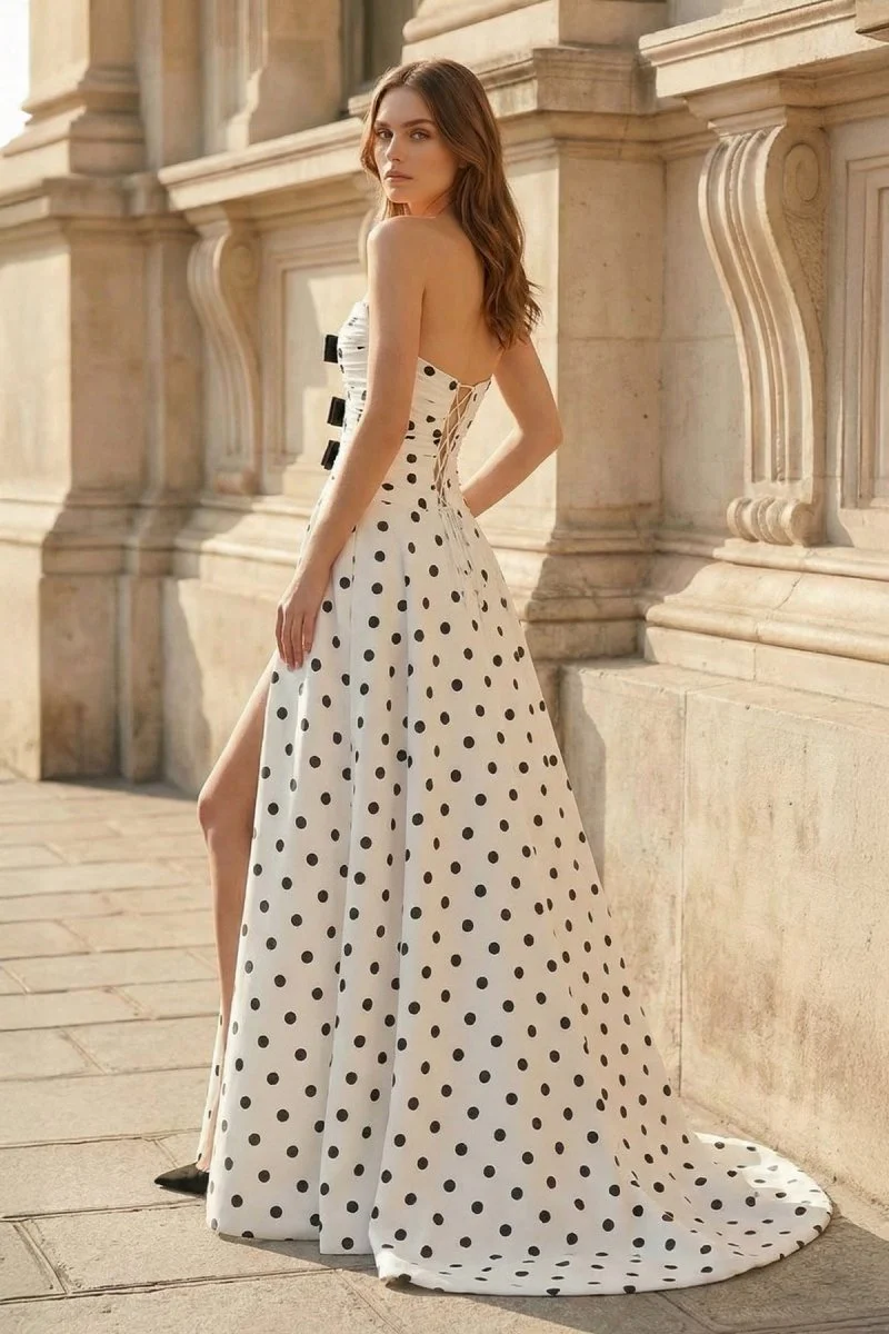 Black-White Strapless A Line Polka Dots Satin Long Formal Prom Dresses With Bow