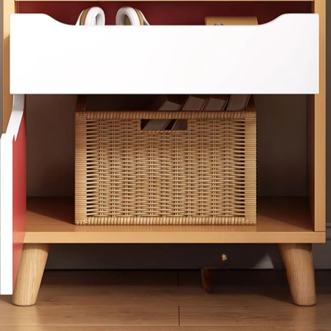 Tall Gray 4-Tier Open Back Wood Bookshelf with Drawer