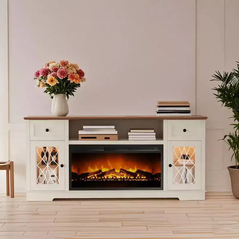 Dyonery Fireplace TV Stand for 80 Inch TV, Entertainment Center withFireplace & LED Lights, with Storage Drawers & Cabinets for Living Room, White