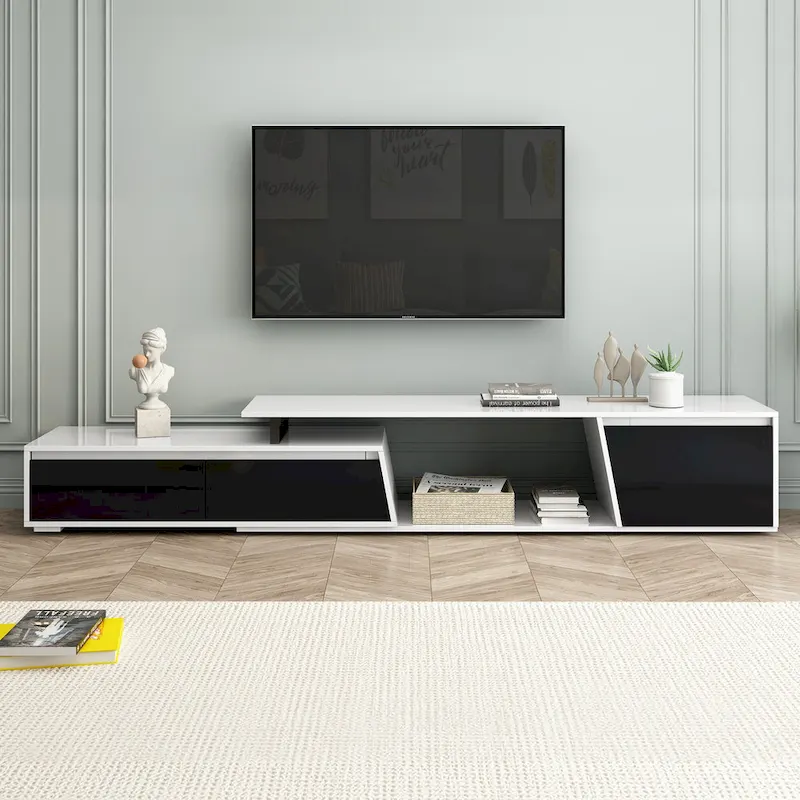 White Extendable TV Stand with Drawers and Cabinet for TVs up to 100 Inches