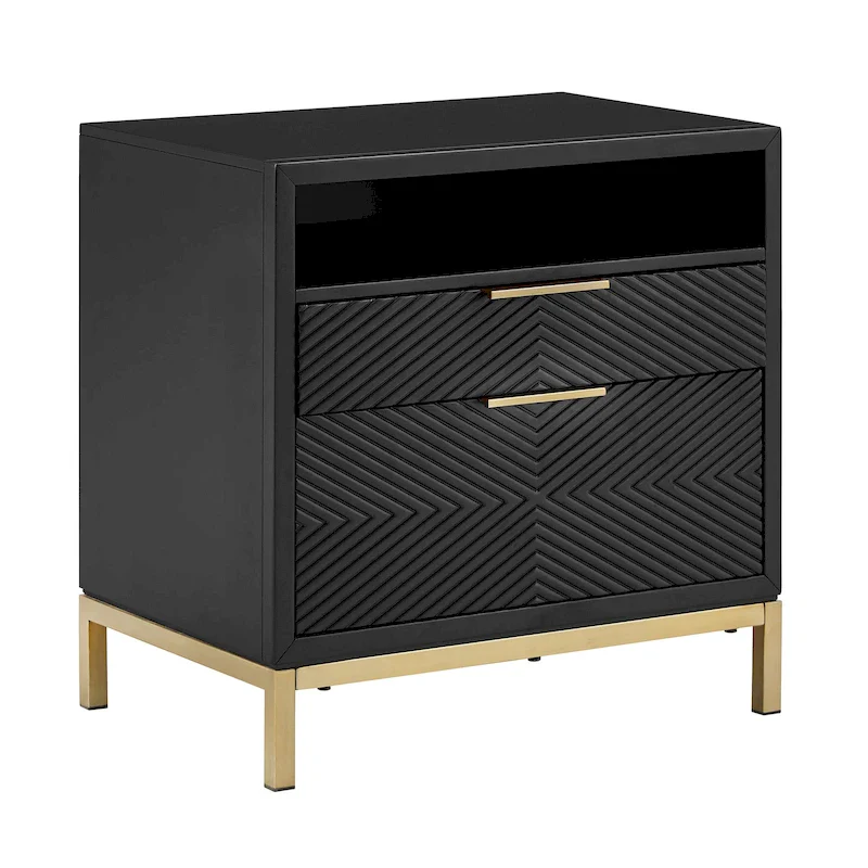 Black 2-Drawer Nightstand with USB Ports, Single