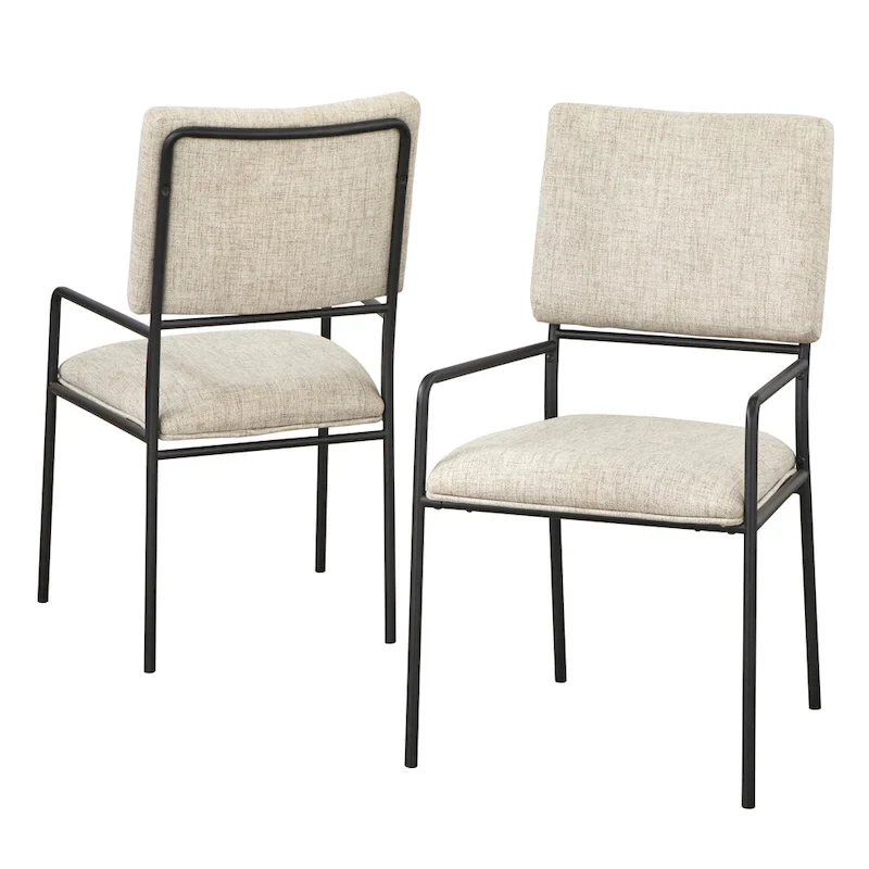 Cream/Black Linen Upholstered Dining Chair with Armrests, Set of 2