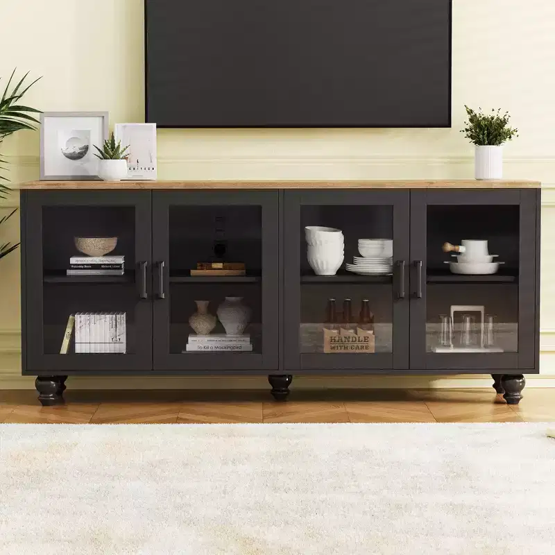 JVNOXK 63-inch Farmhouse-Style Adjustable Shelf TV Stand for TVs 70 inches and under; Features tempered glass doors; Ideal for living rooms; Black