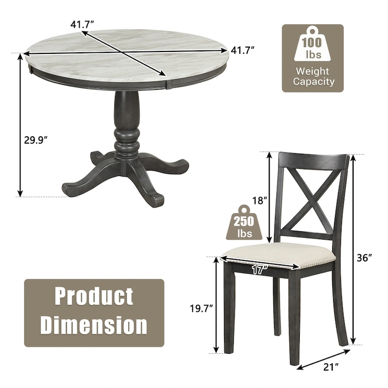 Modern Style Wooden 5-Piece Dining Set with Round Table amd 4 Upholstered Chairs
