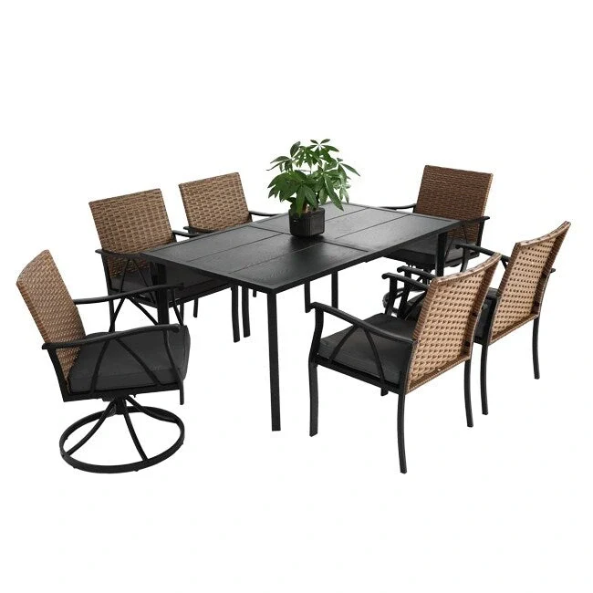 7-Piece Wicker Patio Set - Includes 2 swivel rockers, 4 chairs (all with removable cushions), and a table.