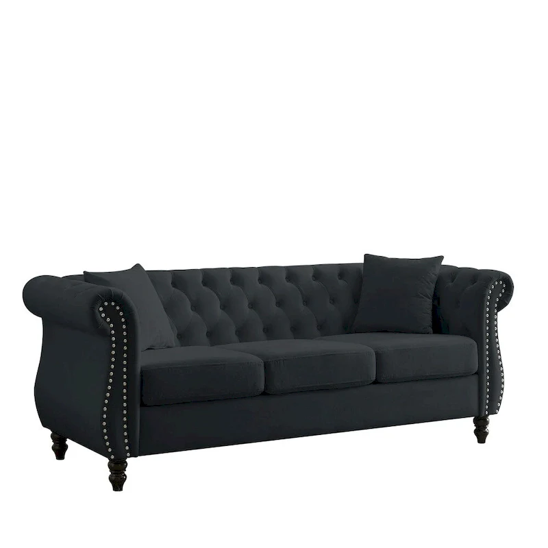 Velvet Sofa with Rolled Arms - Black, 3-Seater