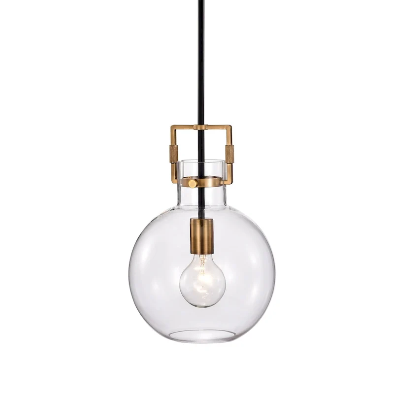 Black and Antique Gold 1-Light 10 Inch Globe Shaped Clear Glass Pendant