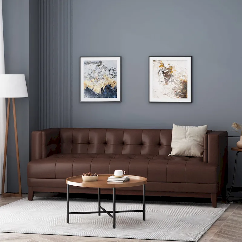 Espresso 3-Seat Mid-Century Sofa, Tufted Faux Leather, Seats 3